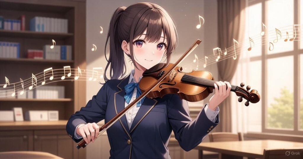 Grok-generated wide image of a violin-playing girl